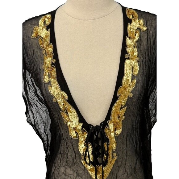 Manish Vaid Dress Cover-Up Size M Black Gold Embellished Resort Beach Poolside - Picture 2 of 14